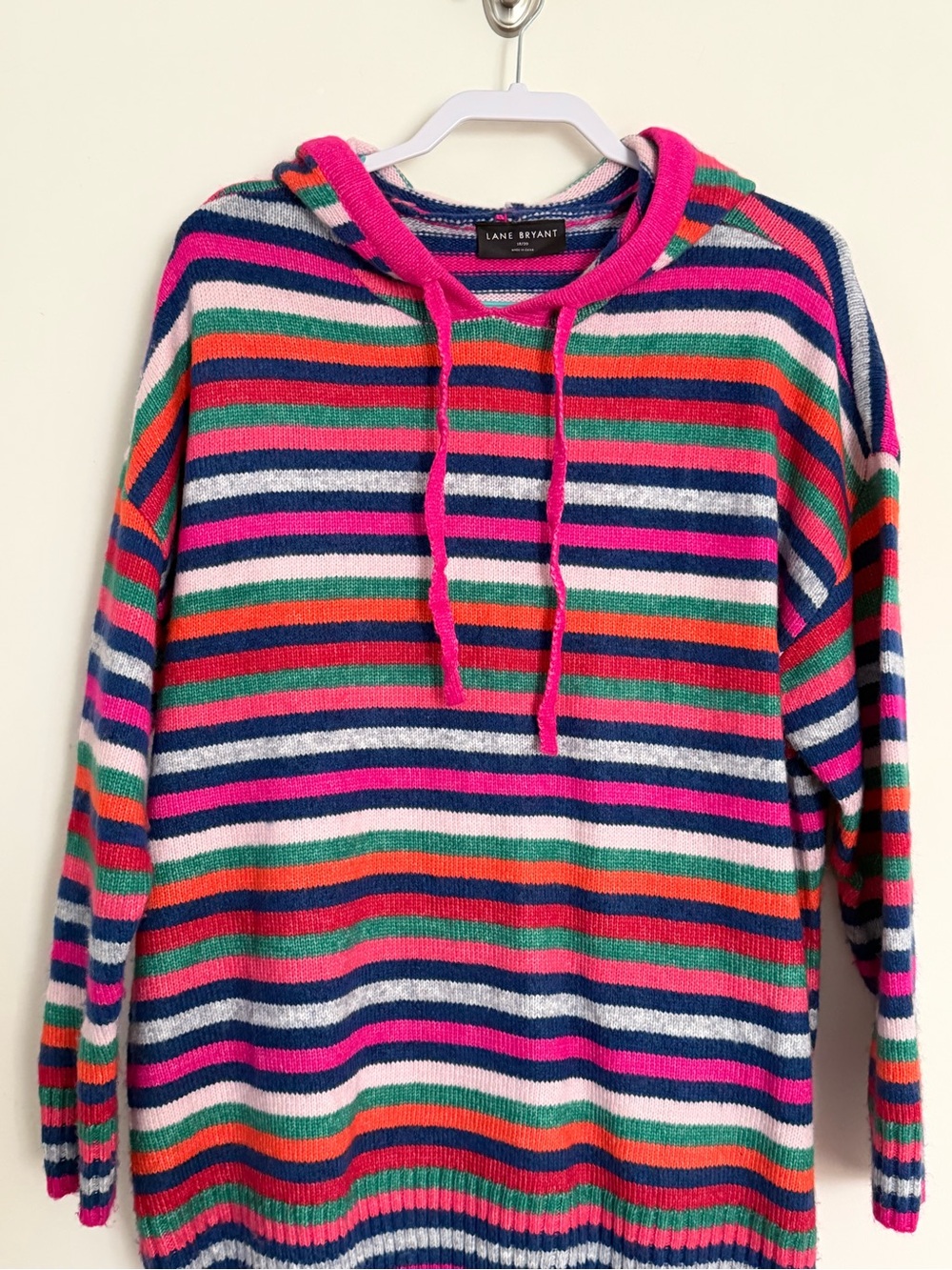 Lane Bryant Pink Multi-Stripe Hooded Turtleneck Sweater